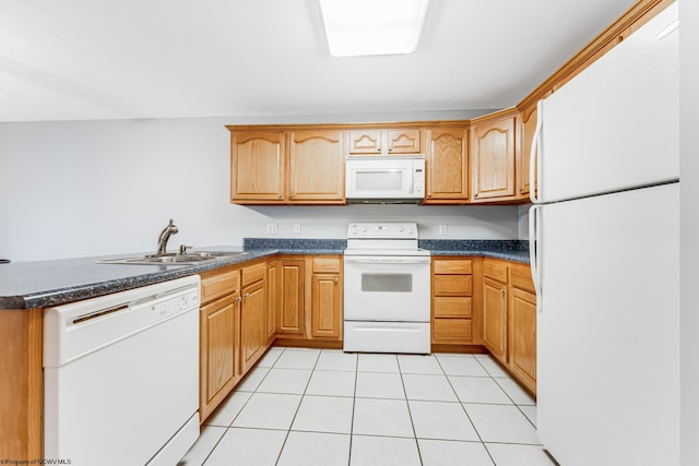 kitchen featuring light tile patterned flooring, sink, white appliances, and kitchen peninsula