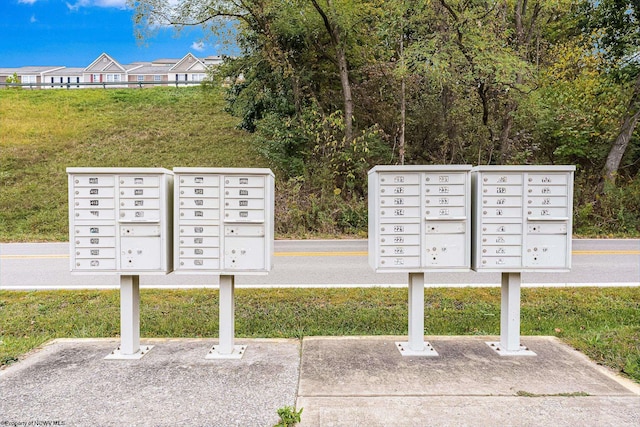 view of community featuring mail boxes and a yard