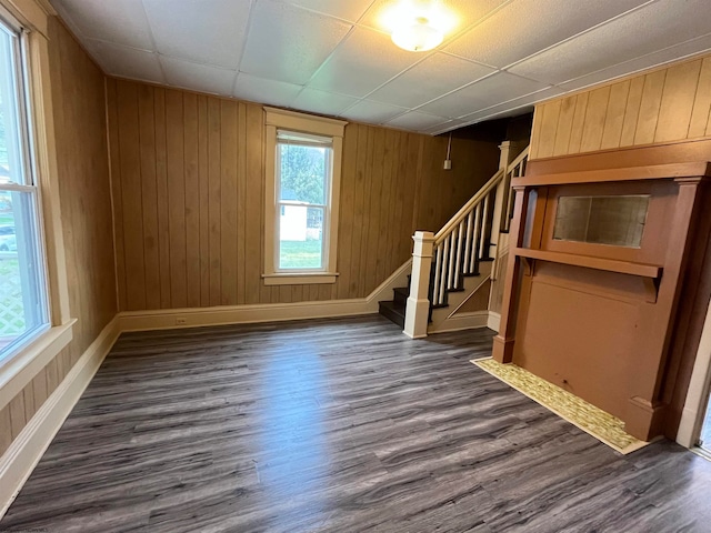 interior space with dark hardwood / wood-style floors and wood walls