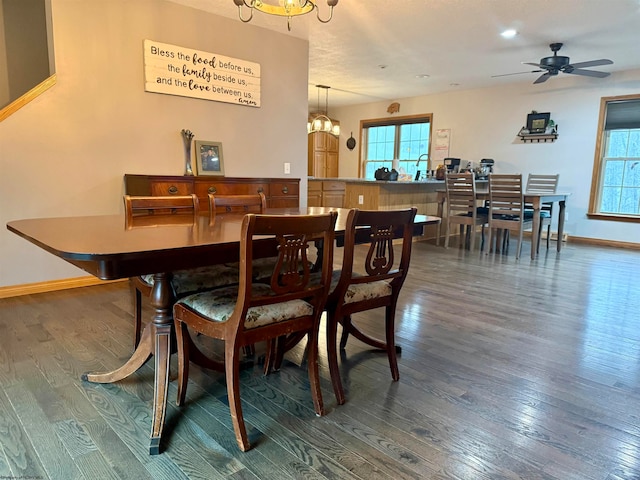 dining area featuring plenty of natural light, ceiling fan with notable chandelier, and hardwood / wood-style flooring