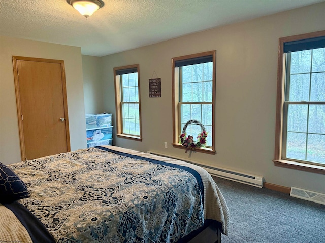 bedroom featuring multiple windows, carpet, and a textured ceiling