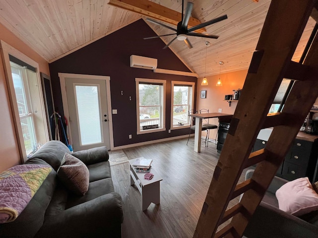 living room featuring an AC wall unit, ceiling fan, hardwood / wood-style floors, and wood ceiling