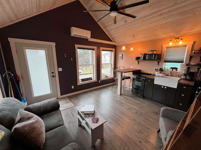 living room with an AC wall unit, wood ceiling, light hardwood / wood-style floors, and lofted ceiling