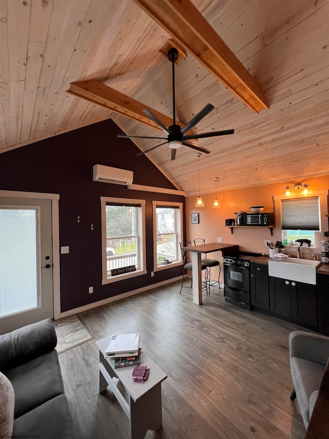 unfurnished living room featuring a wall mounted air conditioner, sink, lofted ceiling with beams, hardwood / wood-style flooring, and wooden ceiling