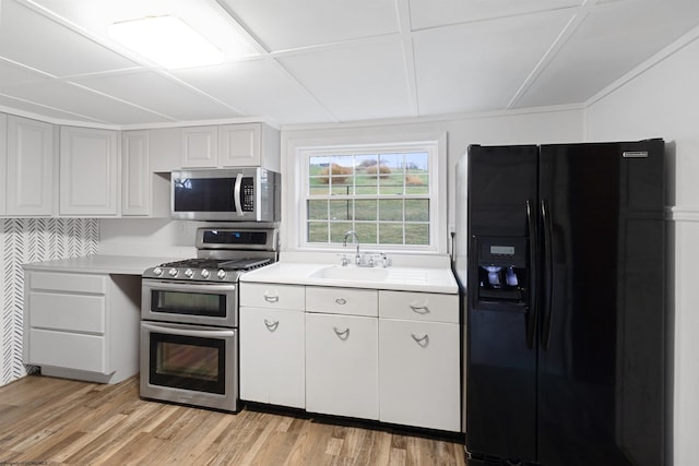 kitchen with stainless steel appliances, light hardwood / wood-style floors, and sink