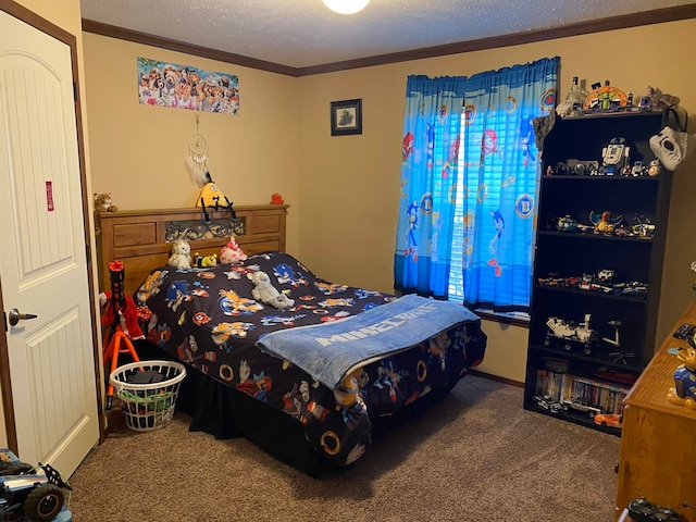 carpeted bedroom featuring crown molding and a textured ceiling