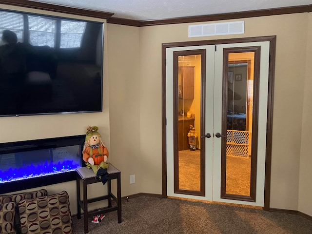 doorway with carpet flooring, crown molding, and french doors