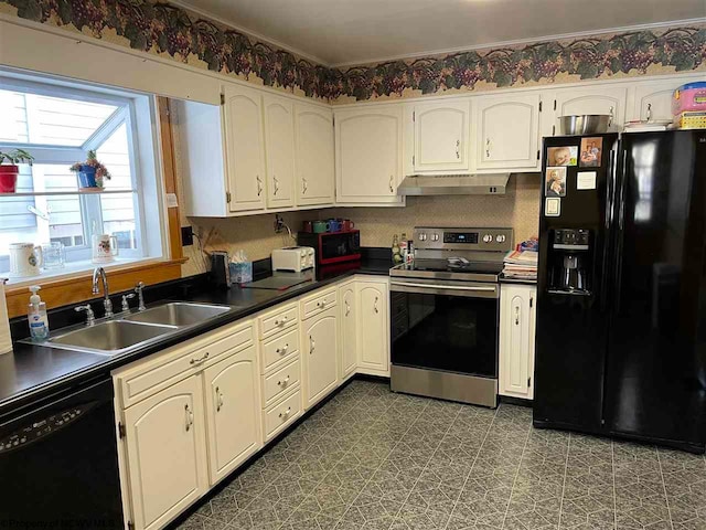 kitchen with white cabinetry, sink, and black appliances