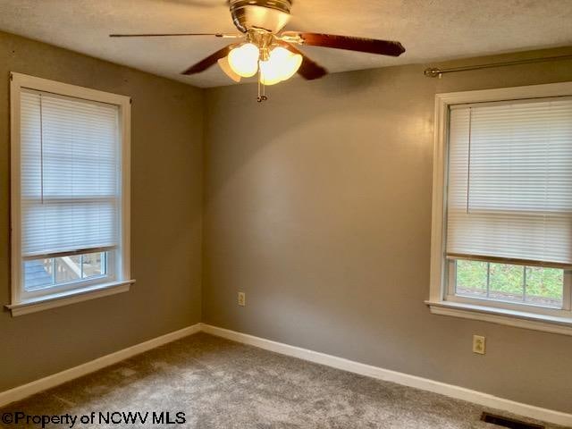 carpeted spare room featuring ceiling fan