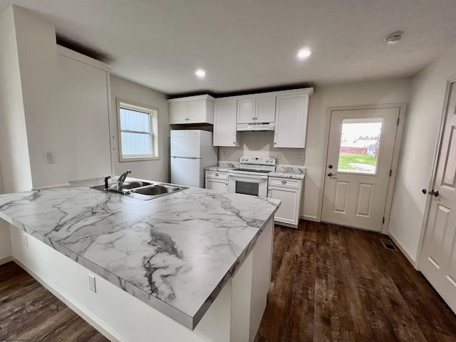 5 River St, Elkins, WV 26241 - kitchen featuring white appliances, a sink, a peninsula, dark wood-style flooring, and recessed lighting