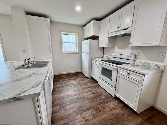 kitchen with white appliances, sink, light stone countertops, dark hardwood / wood-style flooring, and white cabinetry