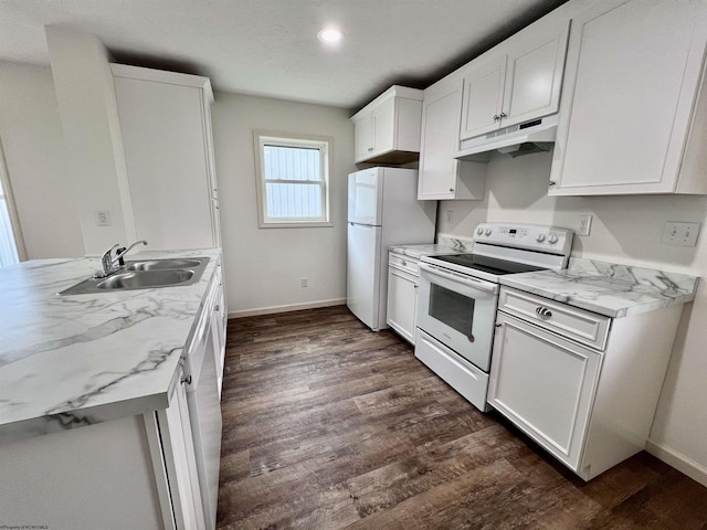 5 River St, Elkins, WV 26241 - kitchen with white appliances, under cabinet range hood, a sink, baseboards, and recessed lighting