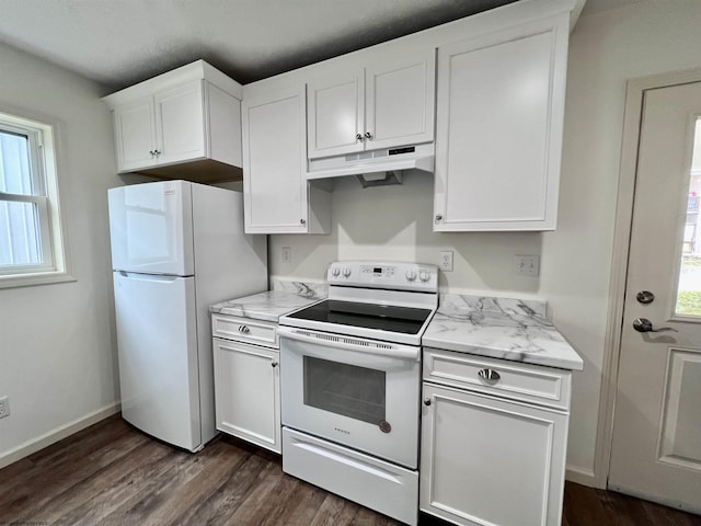 5 River St, Elkins, WV 26241 - kitchen featuring white appliances, under cabinet range hood, white cabinets, and dark wood finished floors