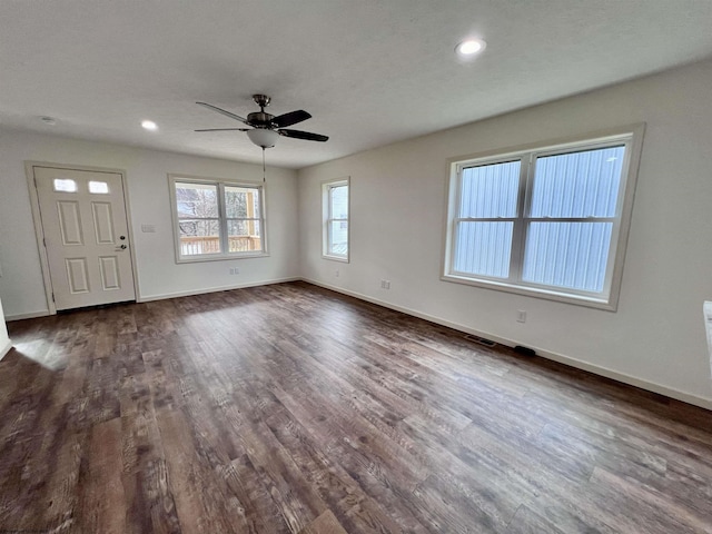 5 River St, Elkins, WV 26241 - unfurnished living room featuring a ceiling fan, baseboards, dark wood-style flooring, and recessed lighting