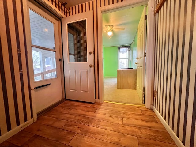 doorway with ceiling fan and light wood-type flooring