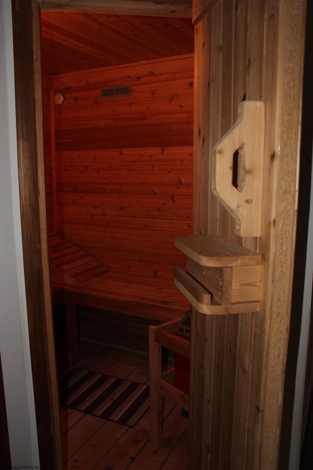 view of sauna featuring hardwood / wood-style floors