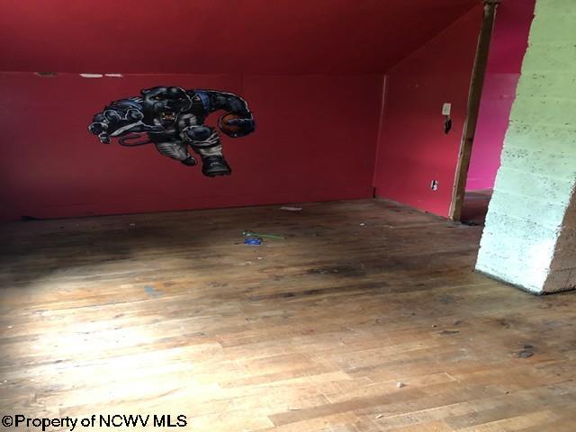 spare room featuring wood-type flooring and lofted ceiling