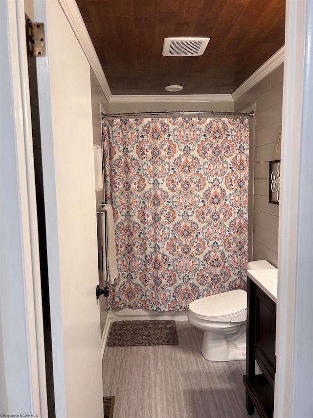 bathroom featuring vanity, toilet, ornamental molding, and wood ceiling