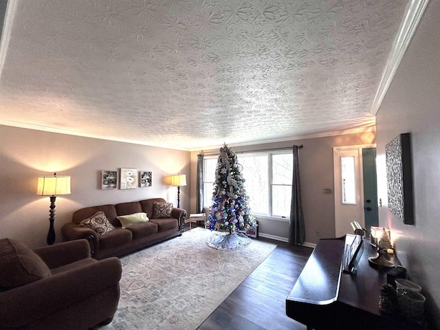 living room featuring dark wood-style floors, a textured ceiling, and ornamental molding