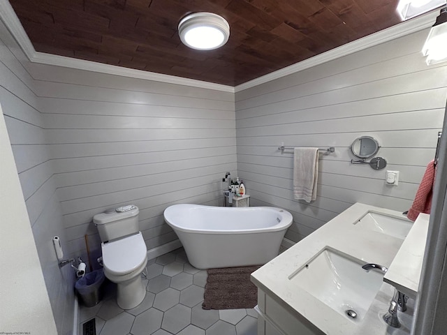 bathroom featuring ornamental molding, wood ceiling, a washtub, vanity, and wood walls