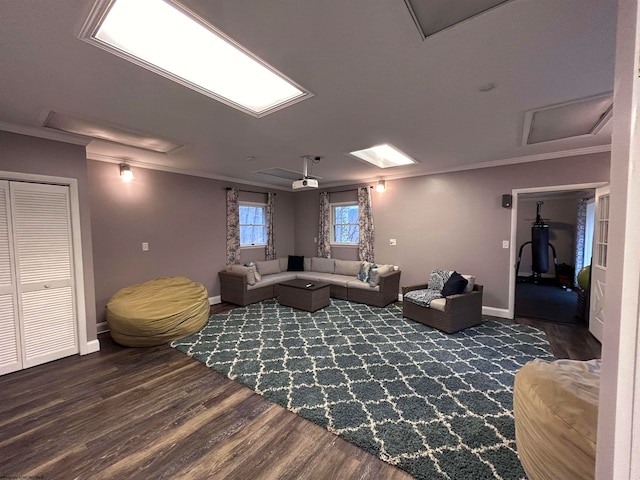 living room featuring dark hardwood / wood-style floors and ornamental molding