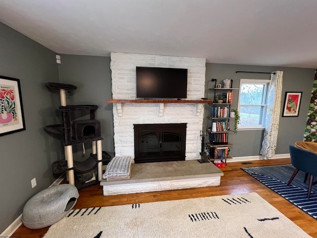 living room featuring a fireplace and wood-type flooring