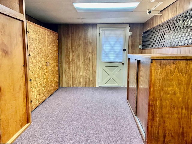 interior space featuring light carpet and wooden walls