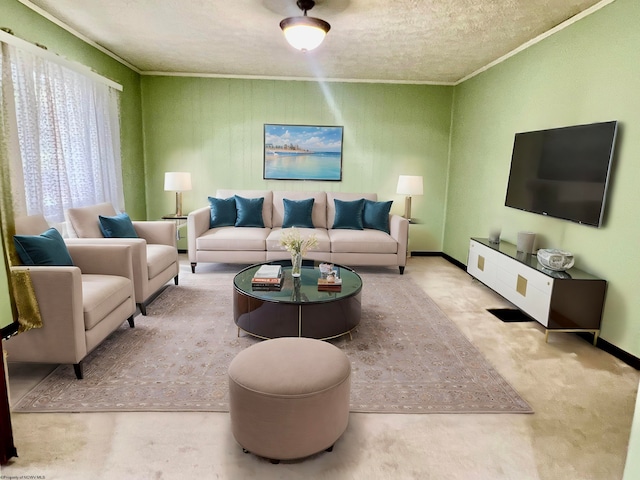 living room featuring light carpet, a textured ceiling, and crown molding