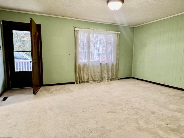 empty room with light carpet, a textured ceiling, and ornamental molding