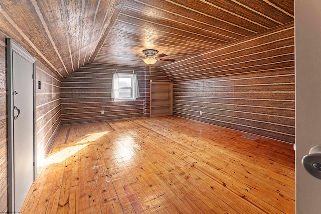 bonus room featuring wood-type flooring, vaulted ceiling, wooden walls, and wood ceiling