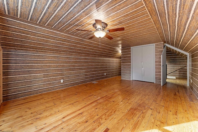 additional living space featuring hardwood / wood-style flooring, wood walls, lofted ceiling, and wooden ceiling