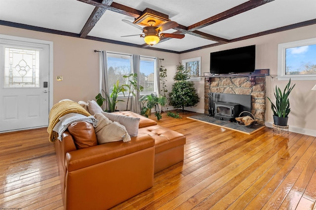 living room featuring plenty of natural light, light hardwood / wood-style floors, a wood stove, and ceiling fan