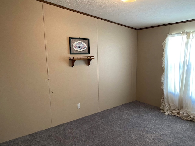 unfurnished room with crown molding, carpet flooring, and a textured ceiling