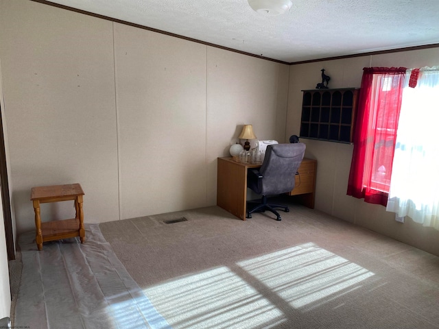 office space with a textured ceiling, light colored carpet, and ornamental molding