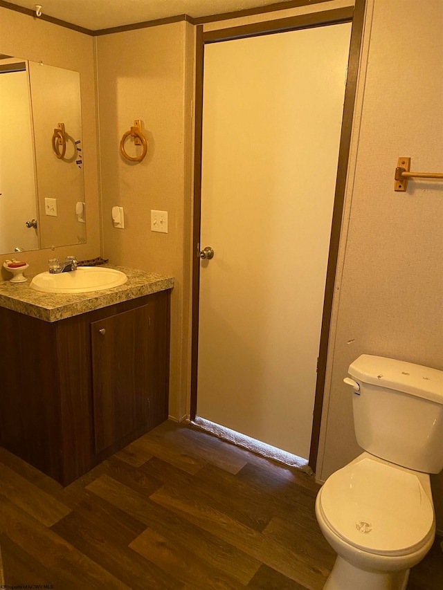 bathroom featuring wood-type flooring, toilet, and vanity