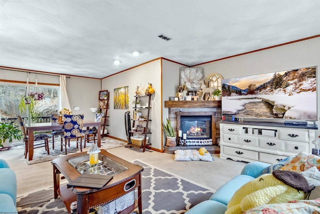 carpeted living room with crown molding