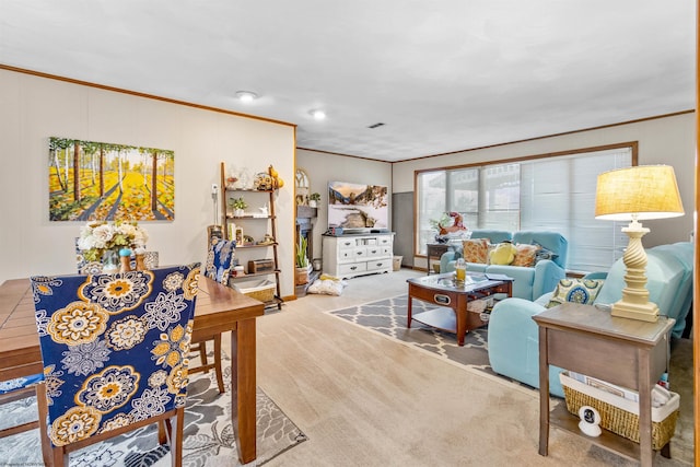 living room featuring carpet flooring and ornamental molding