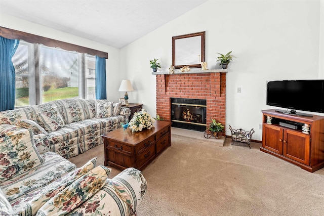 living room featuring light carpet, a fireplace, and lofted ceiling