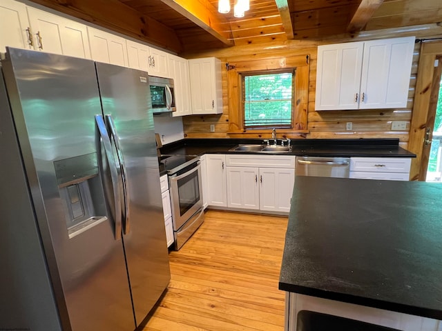 kitchen featuring appliances with stainless steel finishes, wood ceiling, sink, beam ceiling, and white cabinetry