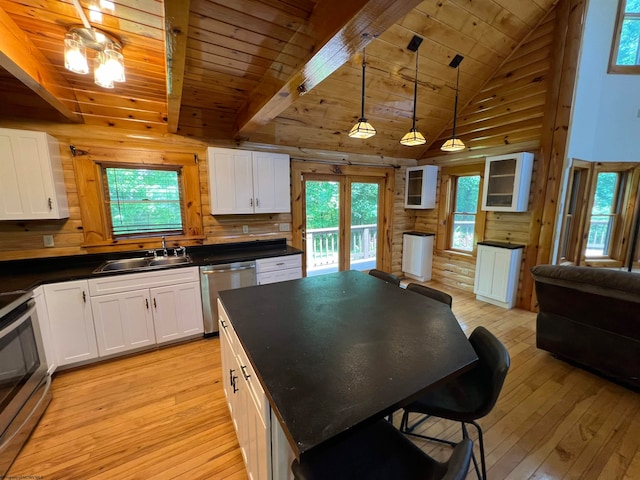 kitchen featuring pendant lighting, a healthy amount of sunlight, white cabinets, and stainless steel appliances