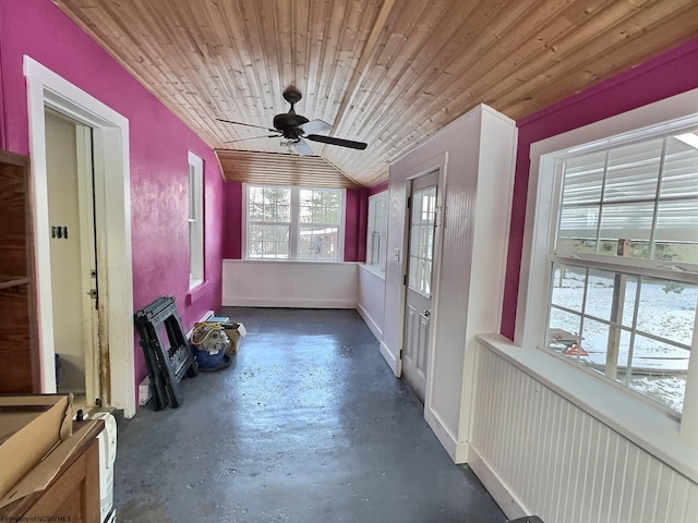 unfurnished sunroom with lofted ceiling, ceiling fan, and wooden ceiling