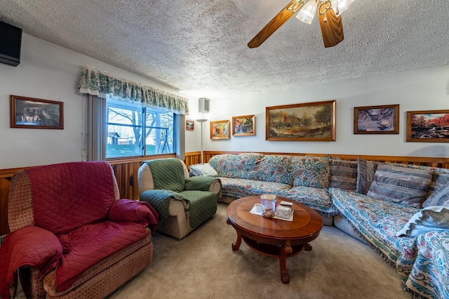 2302 Red Rock Rd, Rowlesburg, WV 26425 - living room with carpet floors, a textured ceiling, and ceiling fan