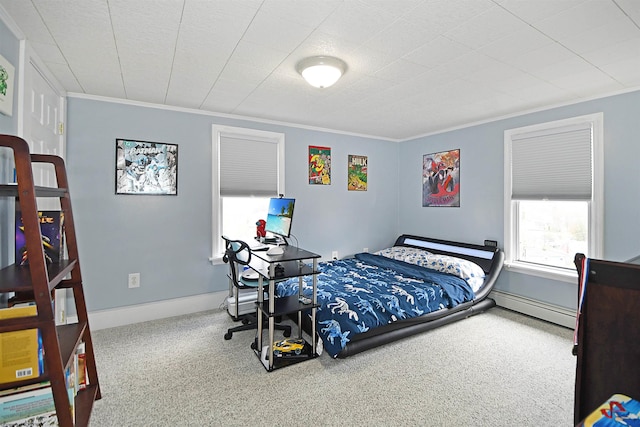 bedroom featuring carpet flooring, a baseboard radiator, and ornamental molding