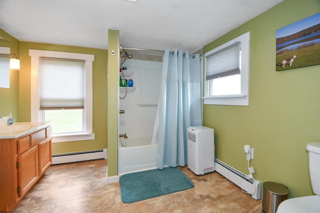 full bathroom with a wealth of natural light, baseboard heating, and shower / bath combo with shower curtain