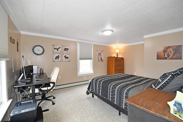 bedroom with carpet flooring, ornamental molding, baseboard heating, and a textured ceiling