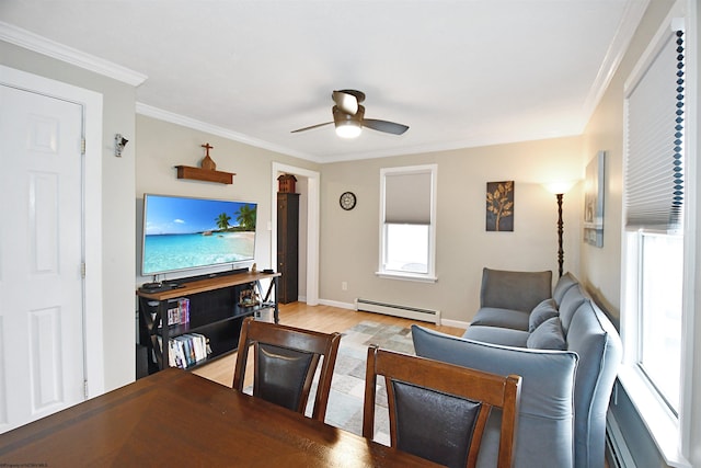 living room with a baseboard radiator, crown molding, ceiling fan, and light hardwood / wood-style floors