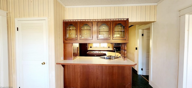 kitchen with crown molding, kitchen peninsula, and sink