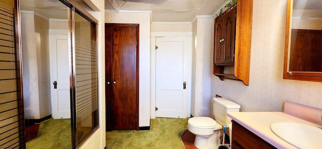 full bathroom with shower / bath combination with glass door, crown molding, vanity, and toilet