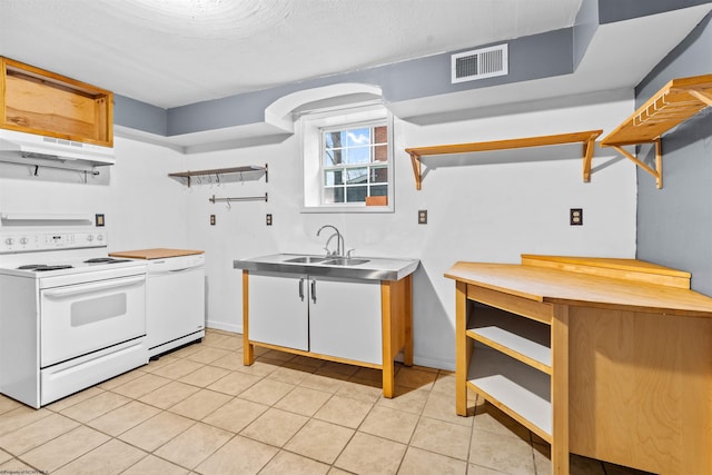 kitchen featuring white cabinetry, sink, white electric range oven, a textured ceiling, and light tile patterned flooring