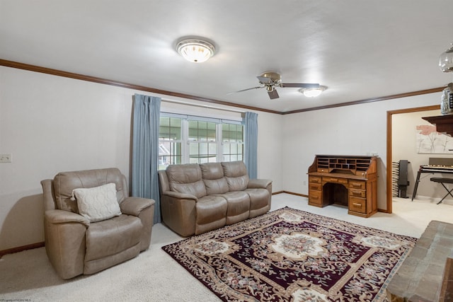 living room featuring ceiling fan, crown molding, and light carpet